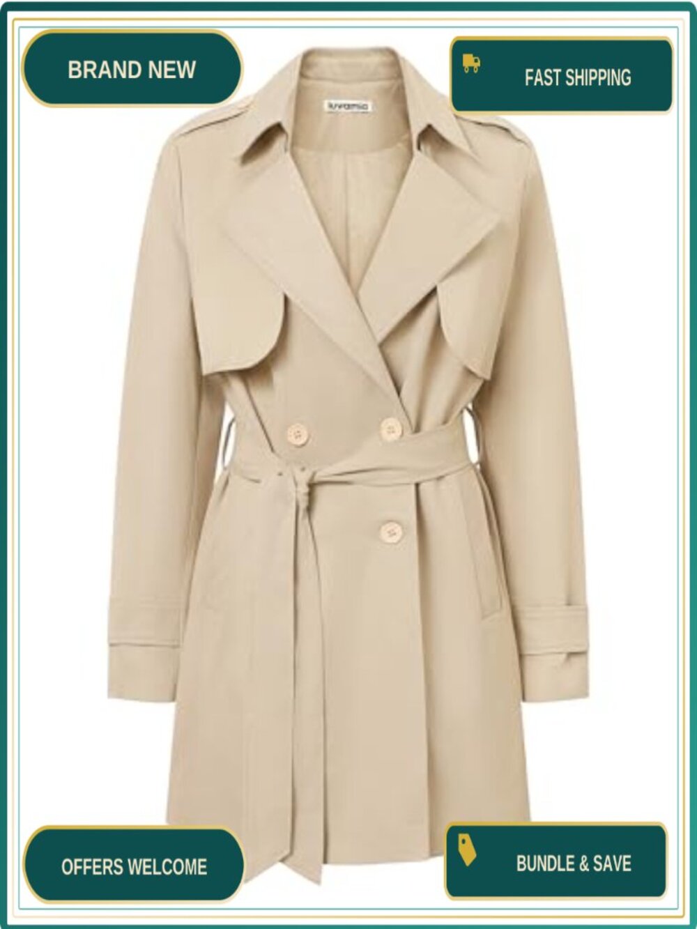 Mid Length Double Breasted Trench Coat Belted Business Casual Fall